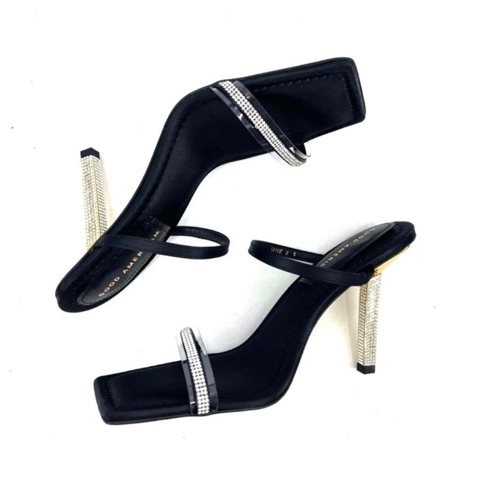 GOOD AMERICAN Open Square Toe Rhinestone Strappy Heels Black Satin Size 5.5 NIB‎ - Picture 7 of 10